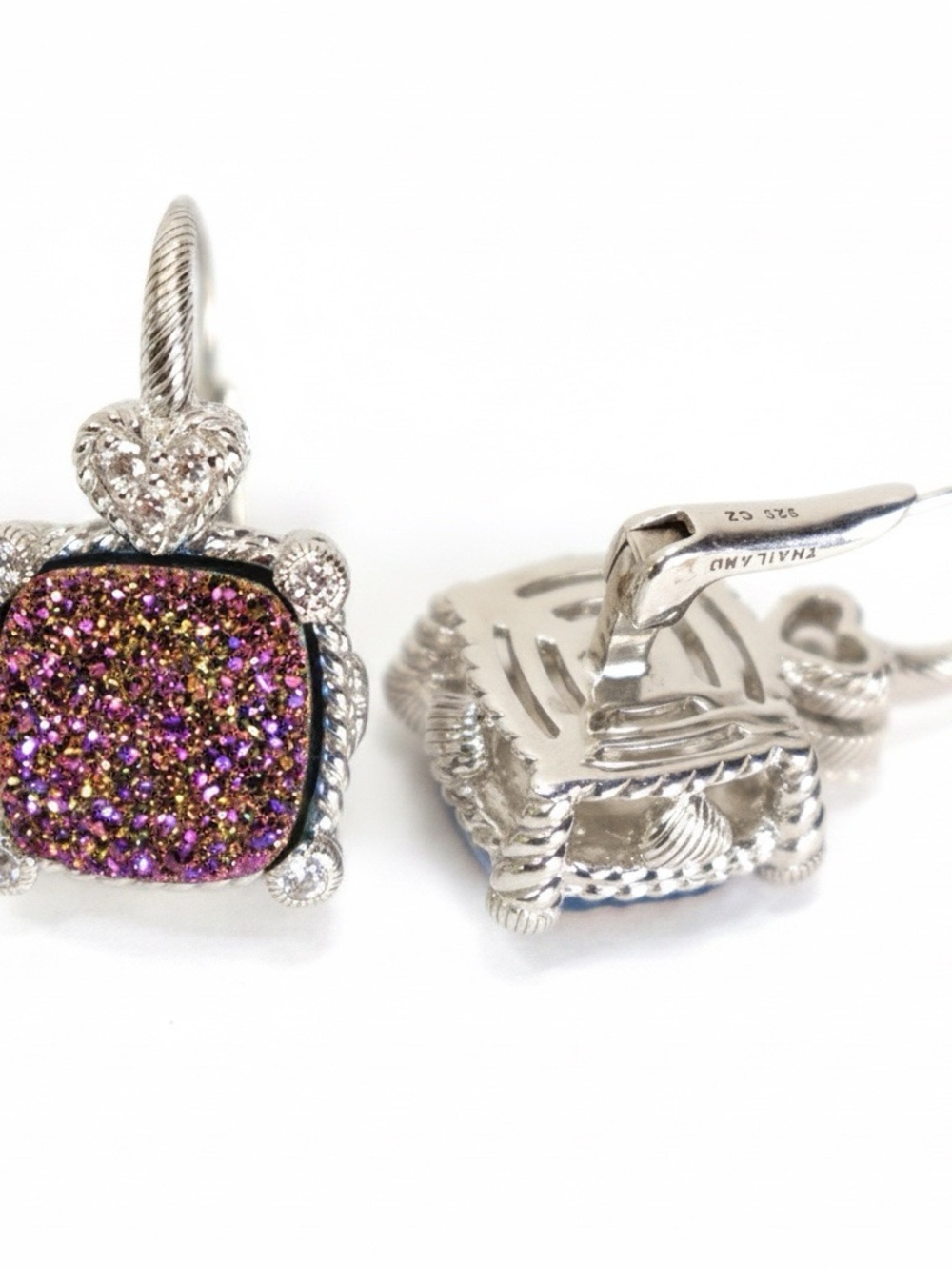 Judith Ripka 925 Purple Druzy Diamonique CZ Square Drop Earrings - Picture 3 of 3